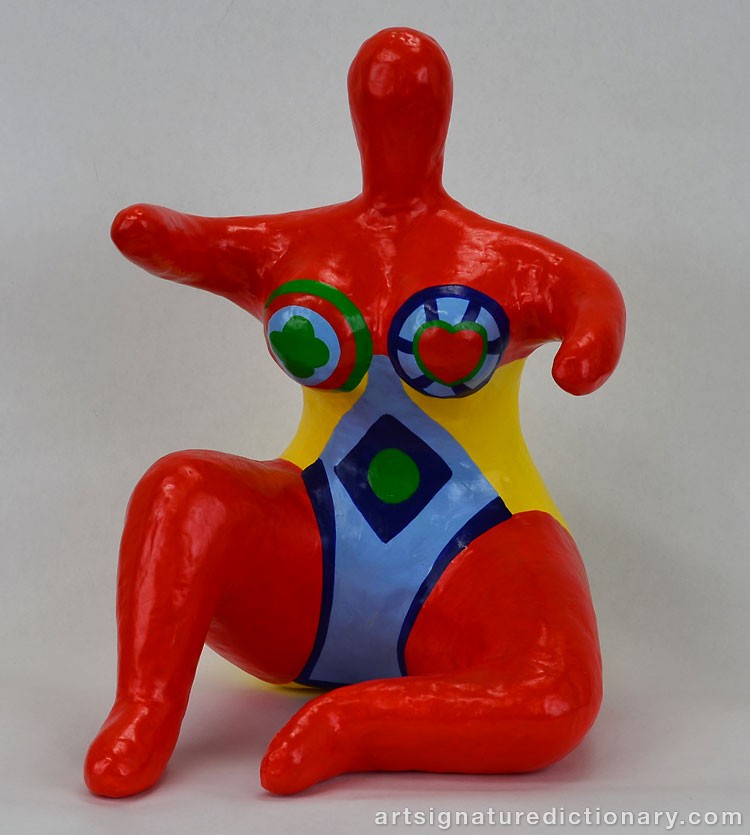 Close-up details showing Niki De SAINT-PHALLE signature forgery characteristics