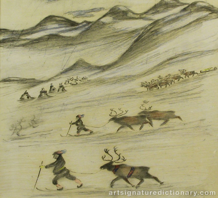 Close-up details showing Nils Nilsson (Sami Artist) SKUM signature forgery characteristics