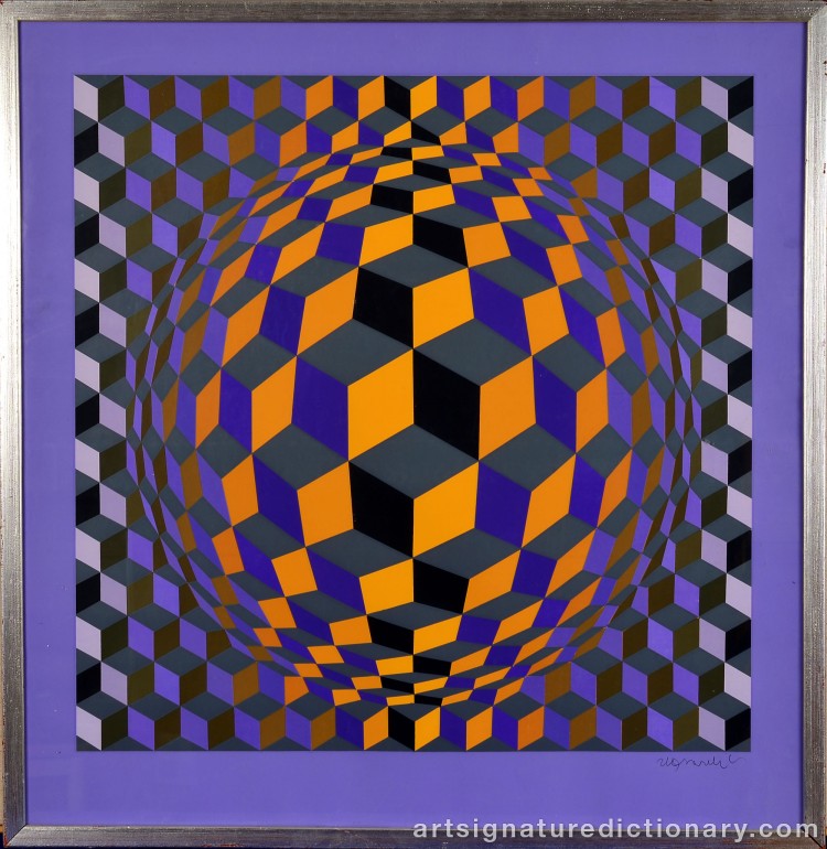 Close-up details showing Victor VASARELY signature forgery characteristics