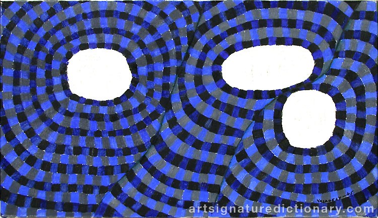 Close-up details showing Victor VASARELY signature forgery characteristics