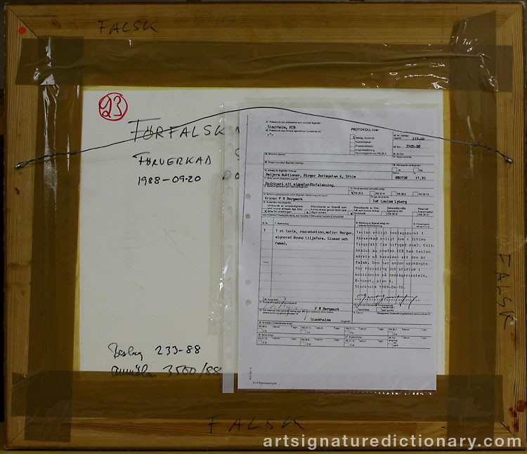 Close-up details showing Bruno LILJEFORS signature forgery characteristics