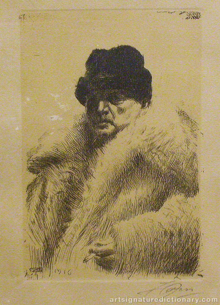 Close-up details showing Anders ZORN signature forgery characteristics