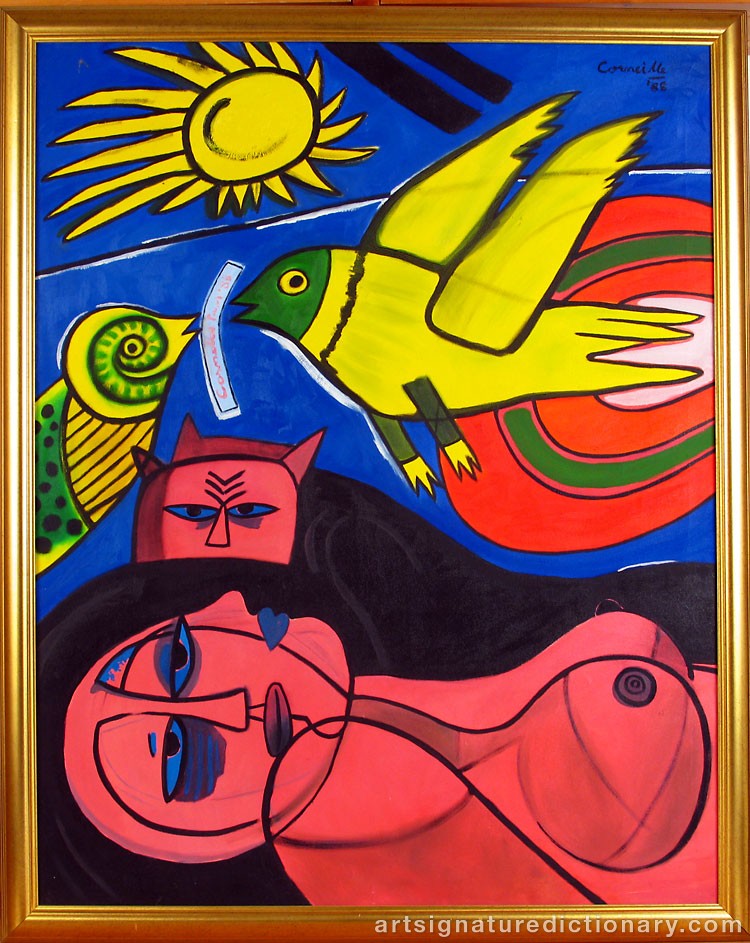 Close-up details showing Cornelis Guillaum Corneille Van ‘Corneille’ BEVERLOO signature forgery characteristics