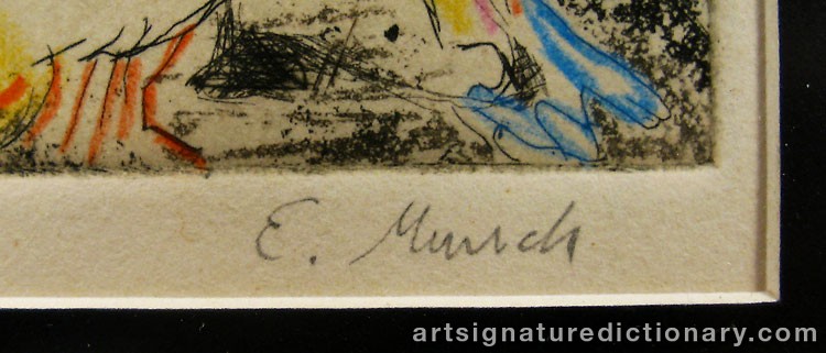 Close-up details showing Edvard MUNCH signature forgery characteristics