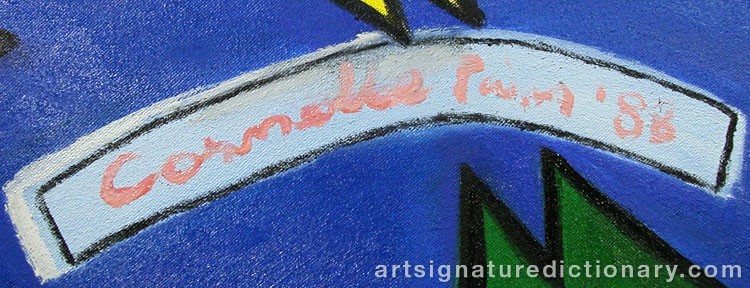 Close-up details showing Cornelis Guillaum Corneille Van ‘Corneille’ BEVERLOO signature forgery characteristics