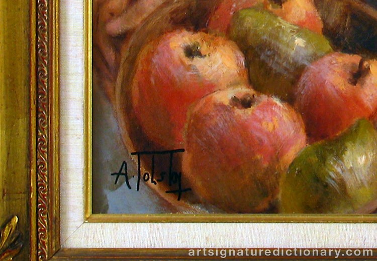 Close-up details showing Alexander TOLSTOY signature forgery characteristics