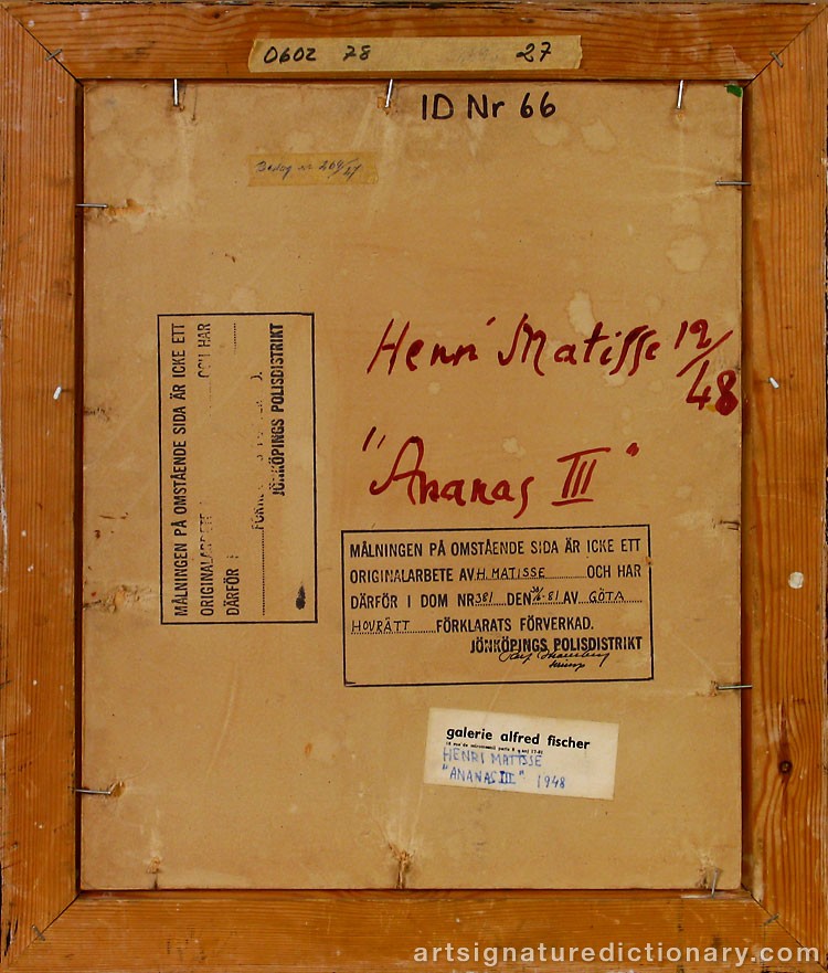 Close-up details showing Henri MATISSE signature forgery characteristics