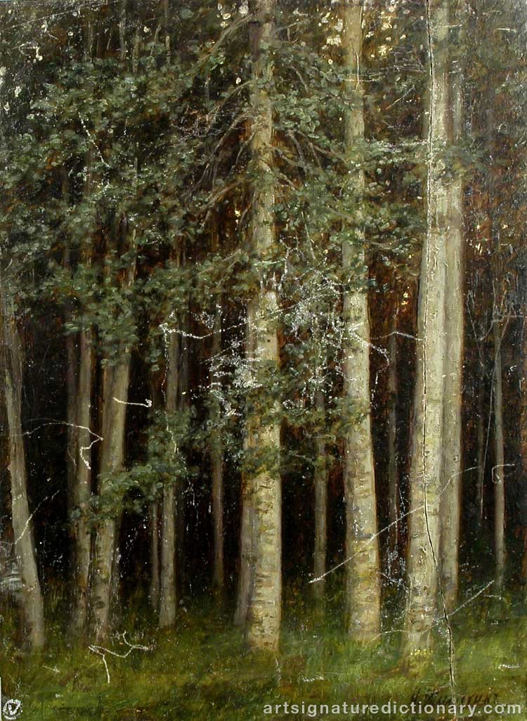 Close-up details showing Ivan Ivanovitch SHISHKIN signature forgery characteristics