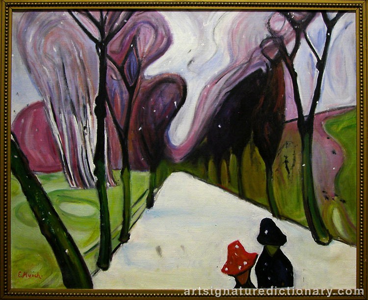 Close-up details showing Edvard MUNCH signature forgery characteristics