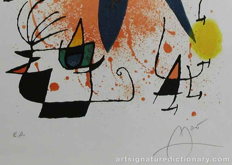 Close-up details showing Joan MIRO signature forgery characteristics