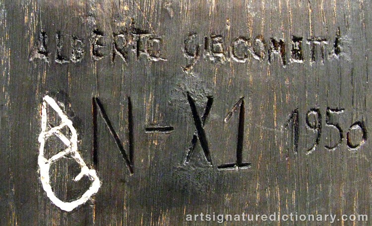 Close-up details showing Alberto GIACOMETTI signature forgery characteristics