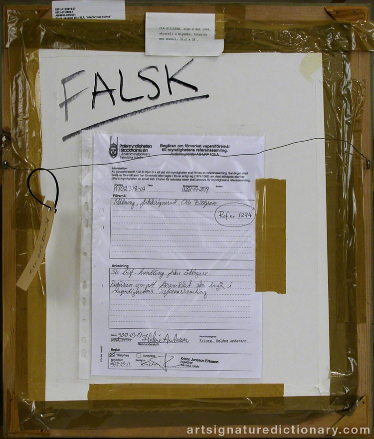 Close-up details showing Ola BILLGREN signature forgery characteristics