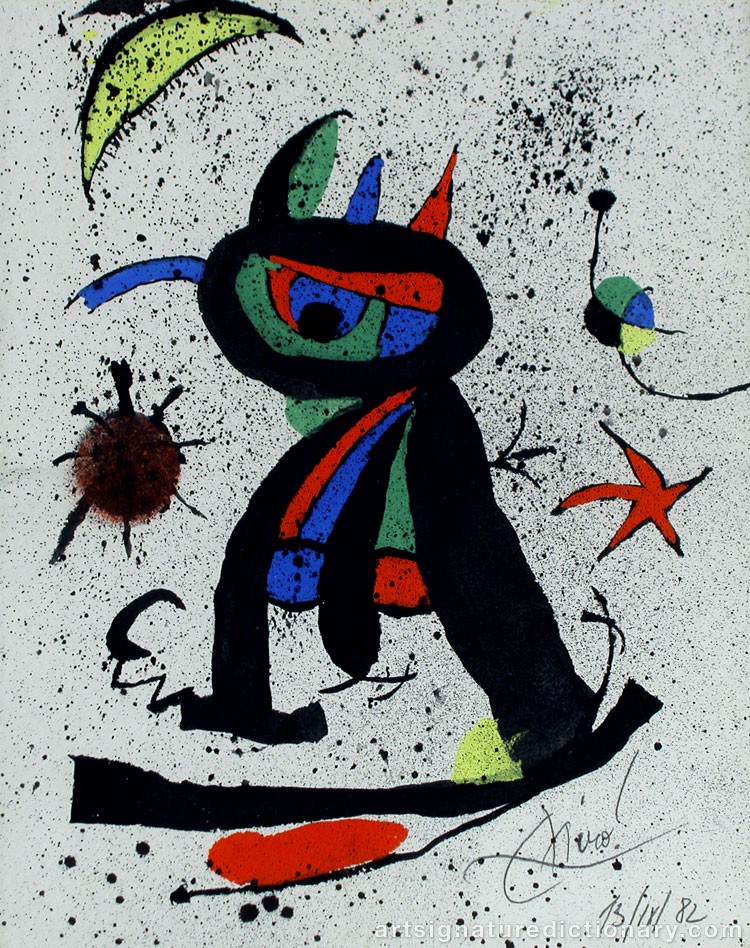Close-up details showing Joan MIRO signature forgery characteristics