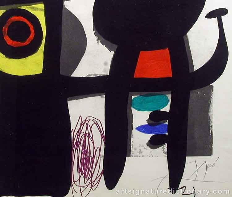 Close-up details showing Joan MIRO signature forgery characteristics