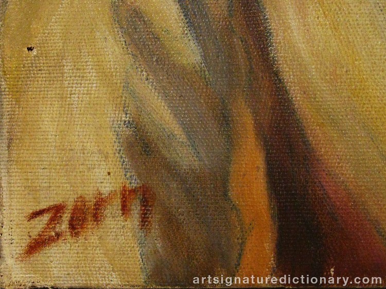 Close-up details showing Anders ZORN signature forgery characteristics