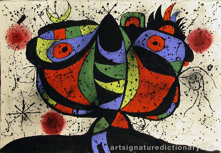Close-up details showing Joan MIRO signature forgery characteristics