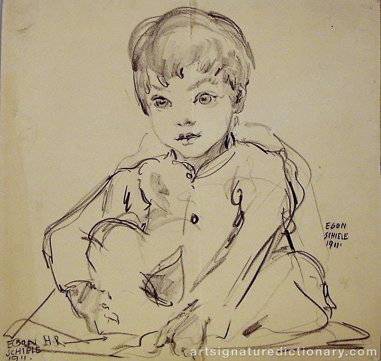 Close-up details showing Egon SCHIELE signature forgery characteristics