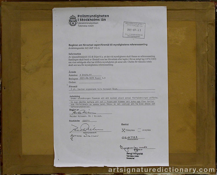 Close-up details showing Nils Nilsson (Sami Artist) SKUM signature forgery characteristics
