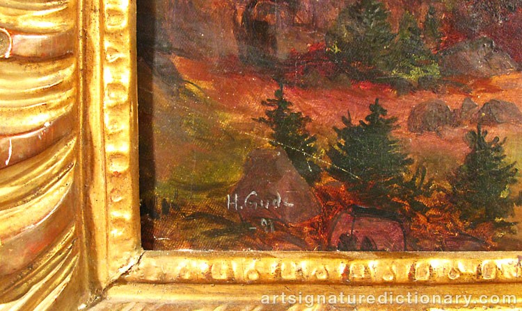 Close-up details showing Hans Fredrik GUDE signature forgery characteristics