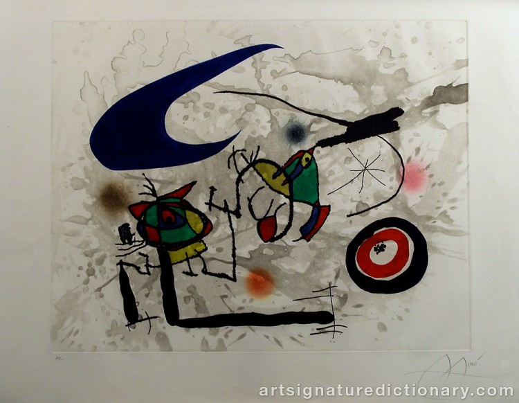 Close-up details showing Joan MIRO signature forgery characteristics