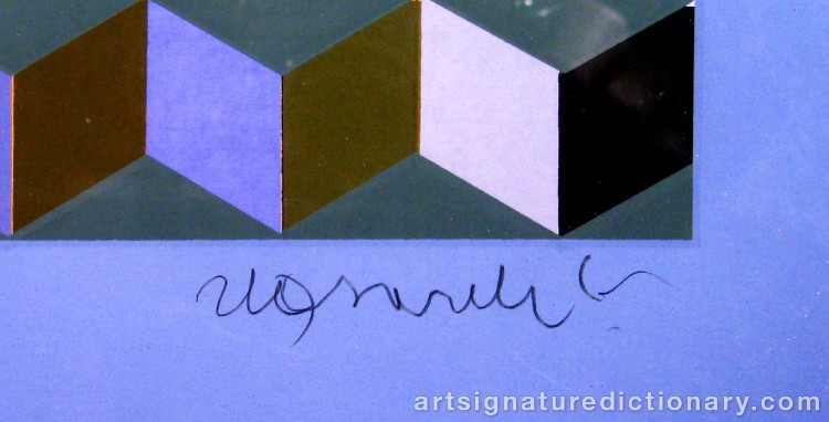 Close-up details showing Victor VASARELY signature forgery characteristics