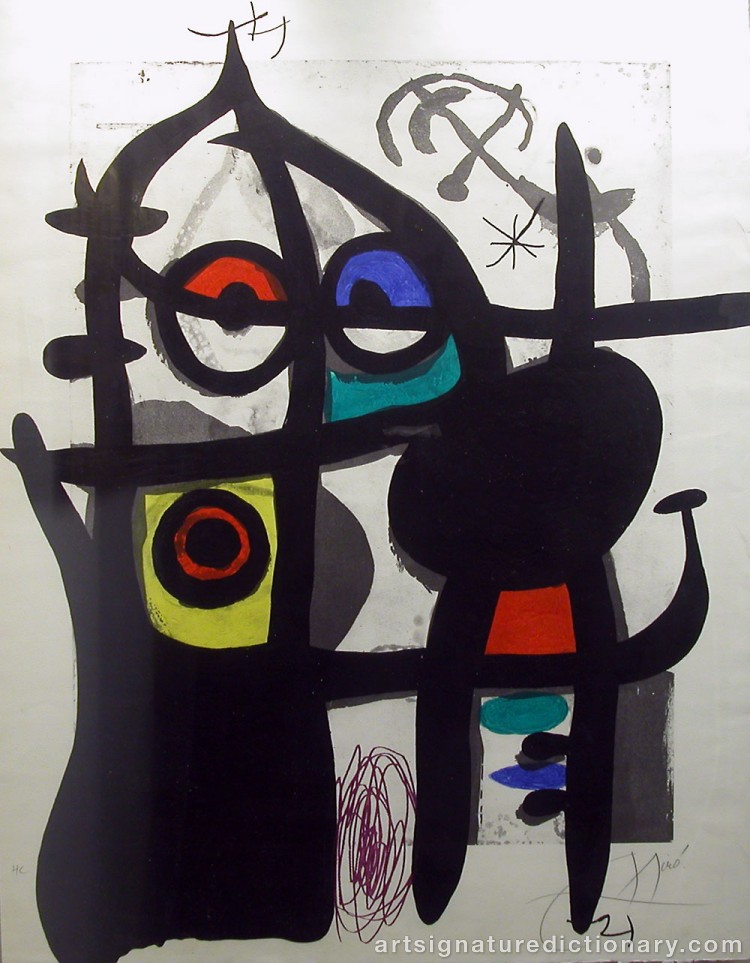 Close-up details showing Joan MIRO signature forgery characteristics
