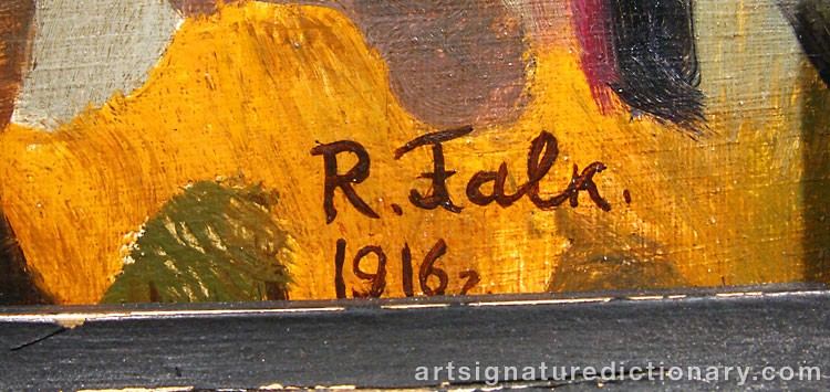 Close-up details showing Robert Rafaelovich FALK signature forgery characteristics