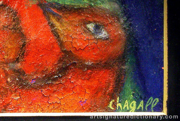 Close-up details showing Marc CHAGALL signature forgery characteristics