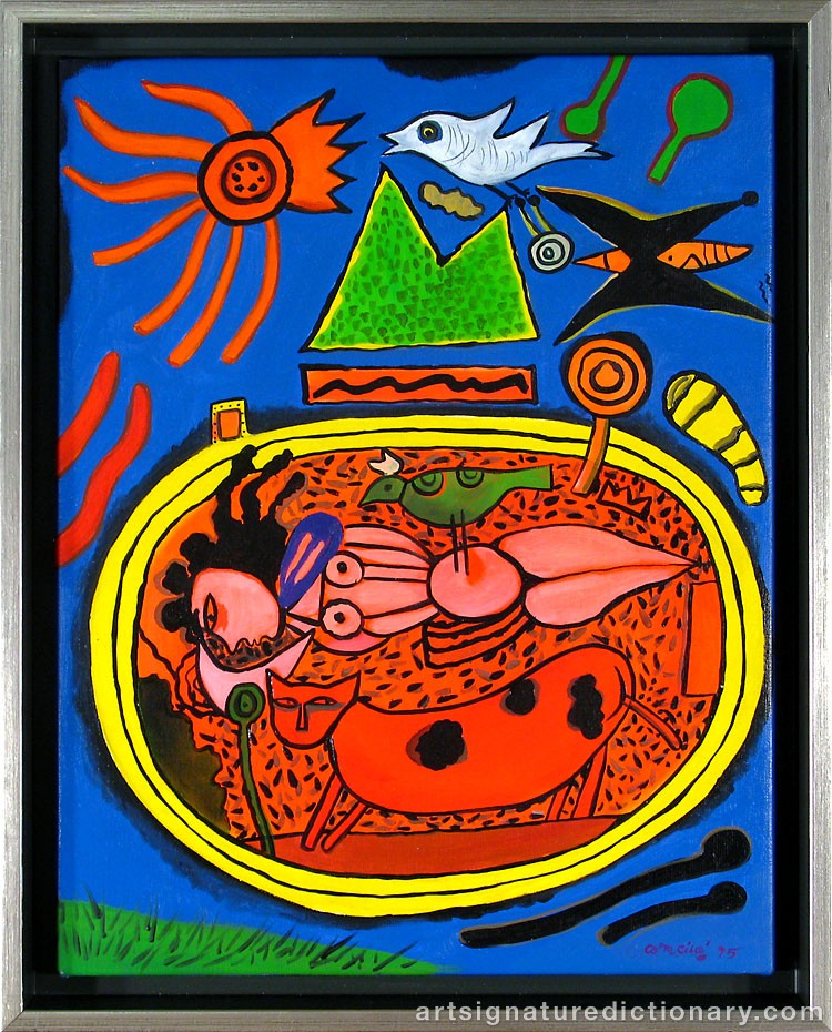 Close-up details showing Cornelis Guillaum Corneille Van ‘Corneille’ BEVERLOO signature forgery characteristics