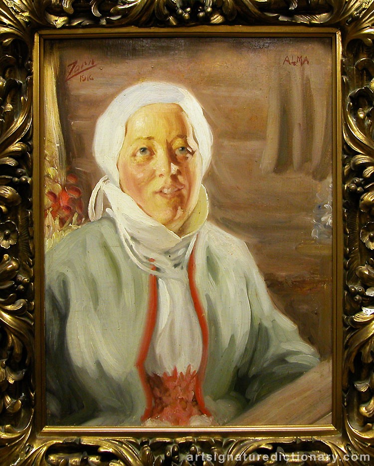 Close-up details showing Anders ZORN signature forgery characteristics