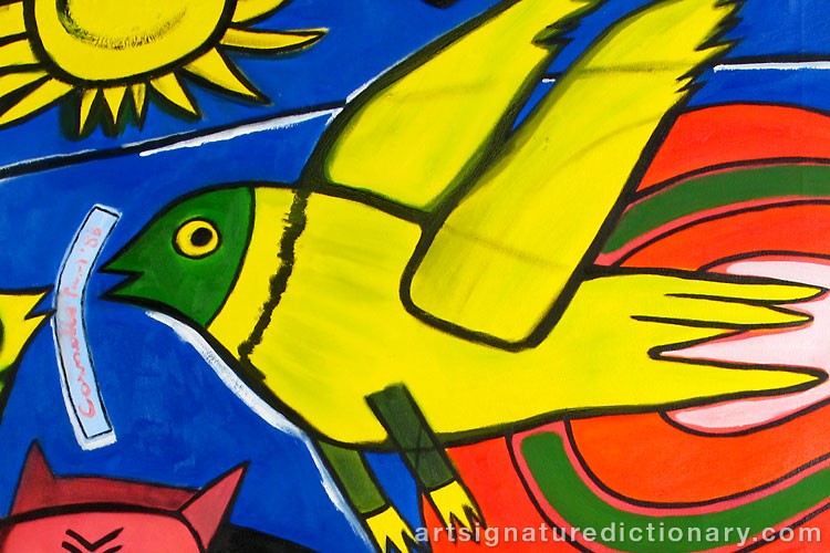 Close-up details showing Cornelis Guillaum Corneille Van ‘Corneille’ BEVERLOO signature forgery characteristics