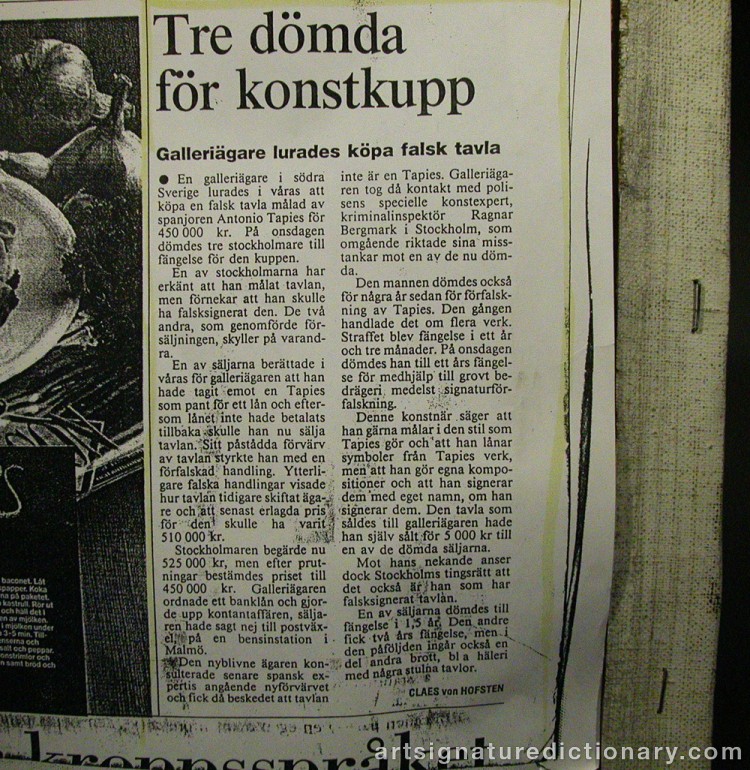 Close-up details showing Antoni TAPIES signature forgery characteristics