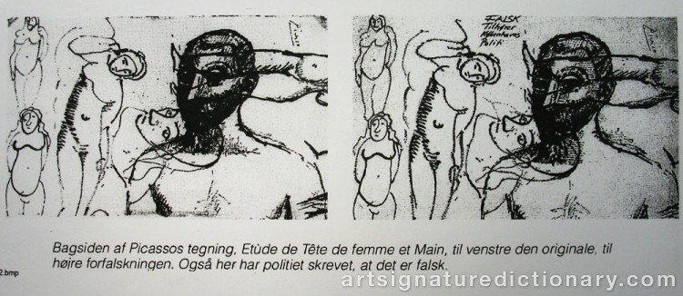 Close-up details showing Pablo PICASSO signature forgery characteristics