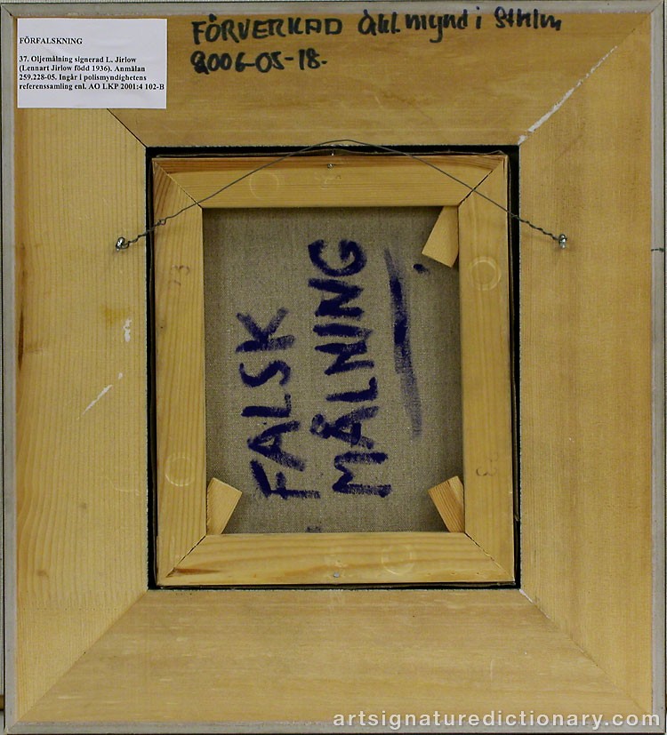 Close-up details showing Lennart JIRLOW signature forgery characteristics