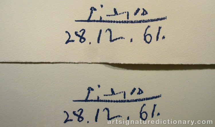 Close-up details showing Pablo PICASSO signature forgery characteristics
