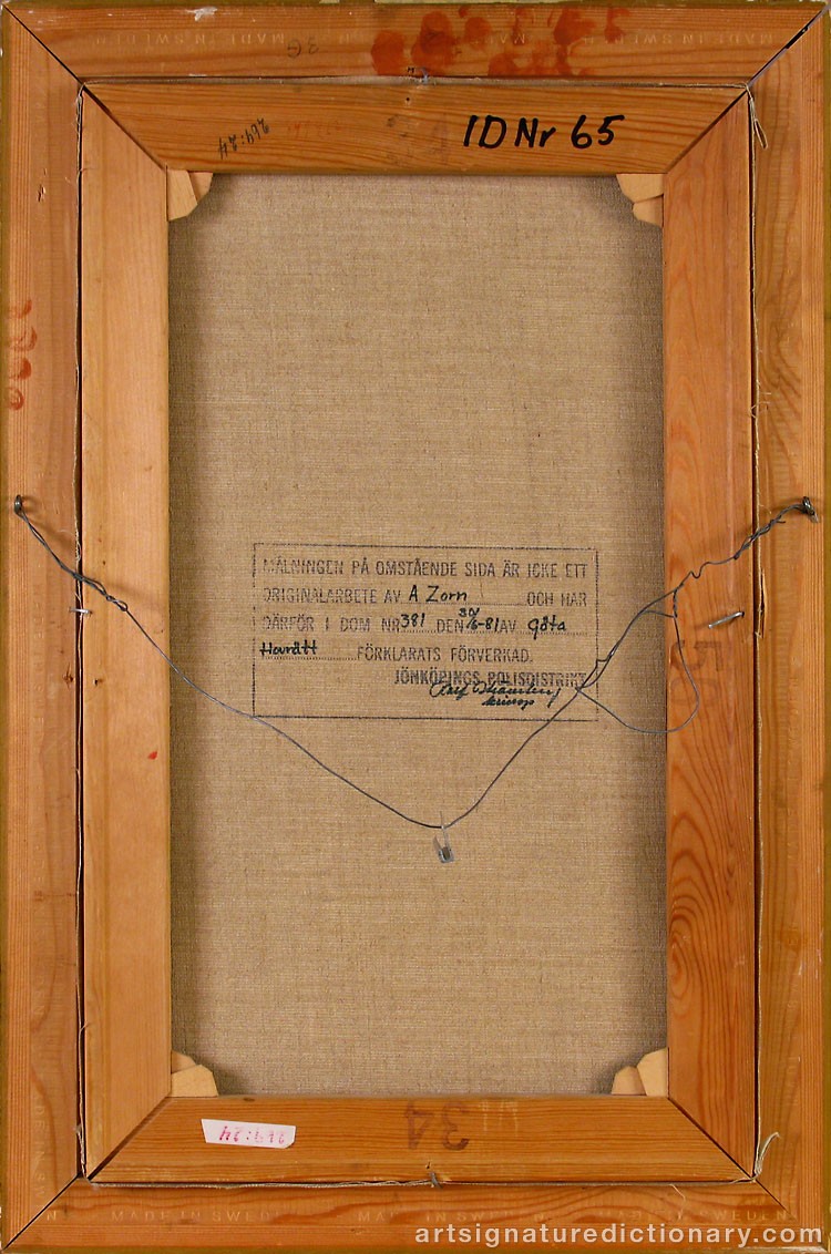 Close-up details showing Anders ZORN signature forgery characteristics