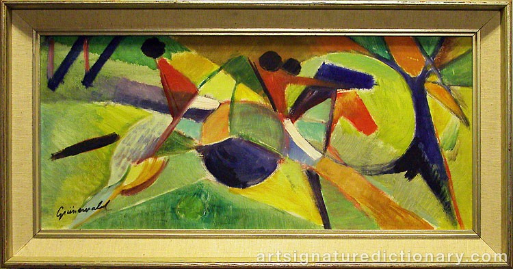 Close-up details showing Isaac GRÜNEWALD signature forgery characteristics