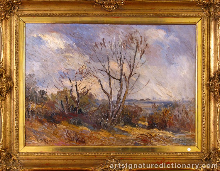 Close-up details showing Camille PISSARRO signature forgery characteristics